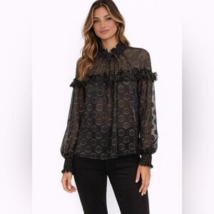 EUC Monique Lhuillier Size Medium Black‎ Sheer Blouse with Gold Accents